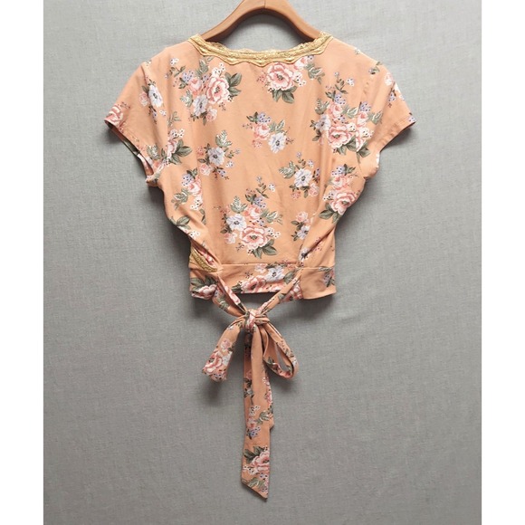 No Comment Floral Wrap Top Sz L Lace Trim Tie Y2K Cottagecore Coquette Romantic - Picture 5 of 14